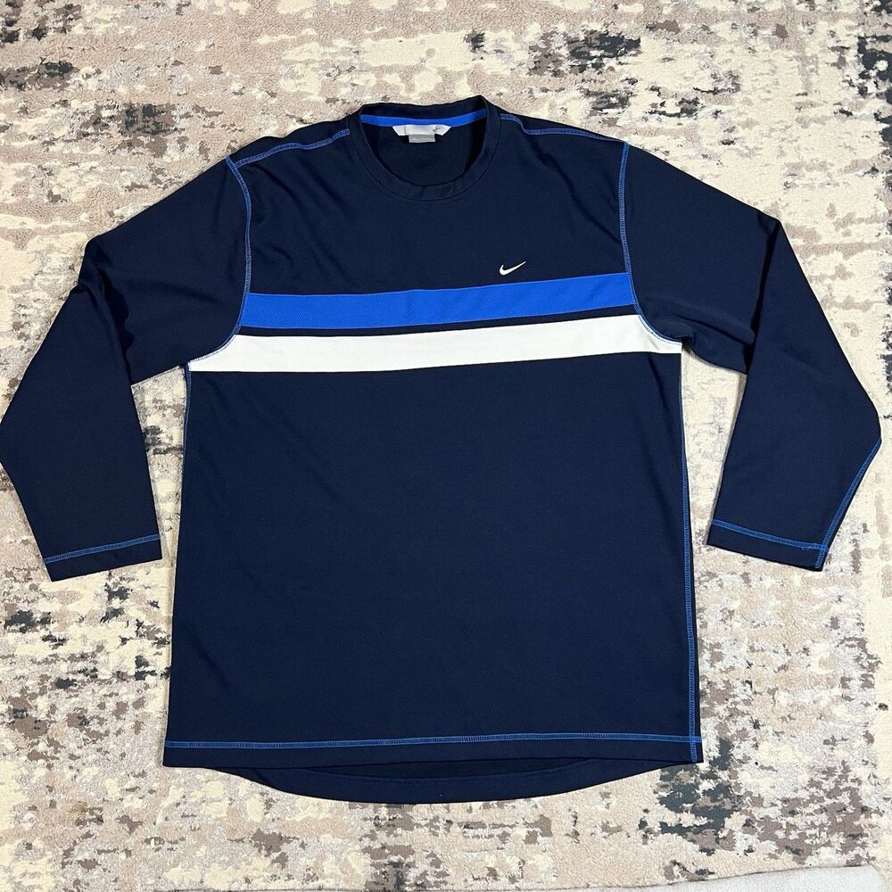 Vintage Y2K Nike Swoosh Striped Tri Blue Warmup Pullover Long Sleeve Sz XXL
